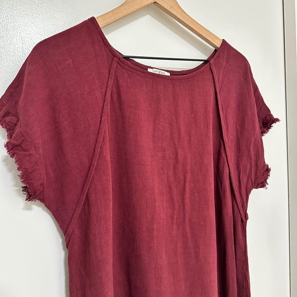 UMGEE | Burgundy Linen Blend Fringe Casual Short Sleeve Boho Tunic Top, Size M - Picture 5 of 8